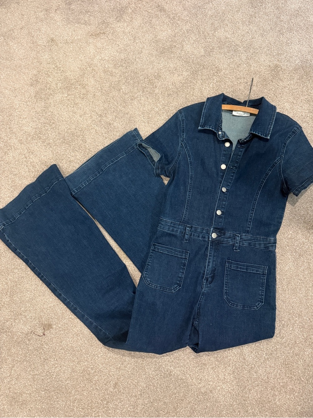 Denim Short-Sleeve Button-Front Jumpsuit in Dark Blue